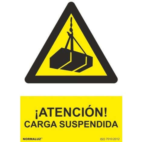 Señal de ¡Atención Carga Suspendida SEKURECO con tintas UV                         100 x 150 mm                          ADHESIVOS DE VINILO