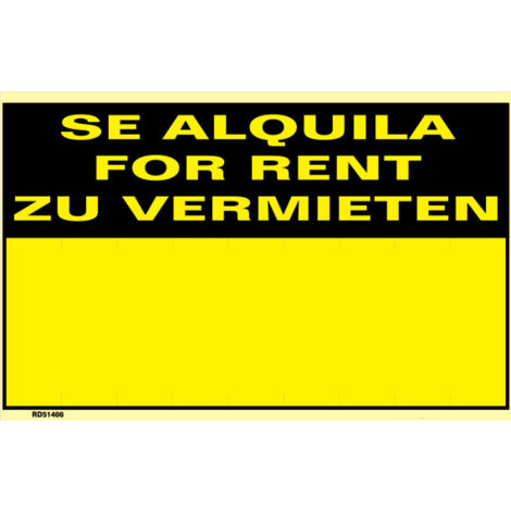 Señal de aviso Se Alquila, For Rent, Zu Vermieten (español, inglés, alemán) SEKURECO  Amarillo                       350 x 450 mm