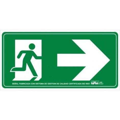 Señal de evacuación ATM PVC flecha derecha clase A 110x300 mm, alta visibilidad.