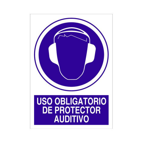 Señal de obligación pictograma y texto Uso obligatorio de protector auditivo Pegatina Adhesiva 148X105