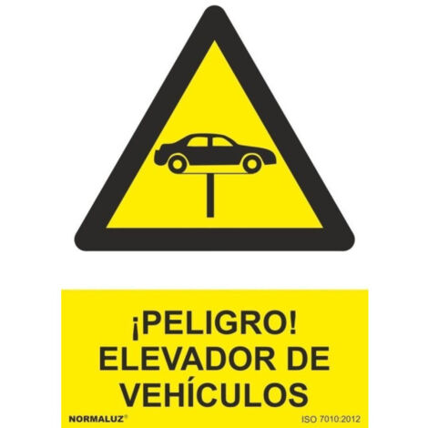 Señal de ¡Peligro Elevador de Vehículos SEKURECO                         150 x 200 mm                          ADHESIVOS DE VINILO