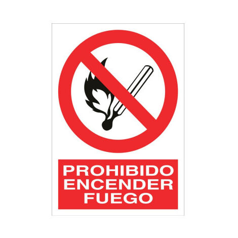 Señal de pictograma y texto Prohibido encender fuego Poliestireno 210X148
