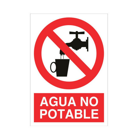 Señal de prohibición de pictograma y texto Agua no potable Pegatina Adhesiva 148X105