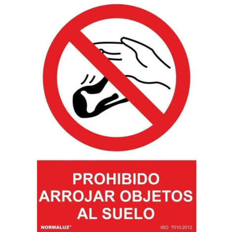 Señal de Prohibido arrojar objetos al suelo (texto y pictograma) SEKURECO                         100 x 150 mm                          ADHESIVOS DE VINILO