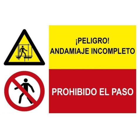 Señal de seguridad Peligro andamiaje incompleto, prohibido el paso (2 señales en 1) SEKURECO                 PVC Blanco 0.7 mm