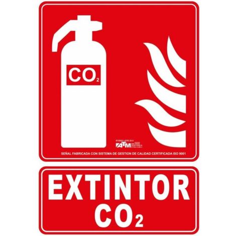 Señal extintor CO2 ATM  PVC clase A 30x20 cm, resistente y duradera.