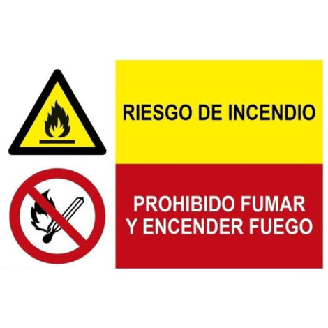 Señal industrial riesgo de incendio, Prohibido fumar y encender fuego SEKURECO Adhesivo vinilo