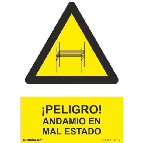 Señal ¡Peligro Andamio en mal estado, con tintas UV SEKURECO                         100 x 150 mm                          ADHESIVOS DE VINILO