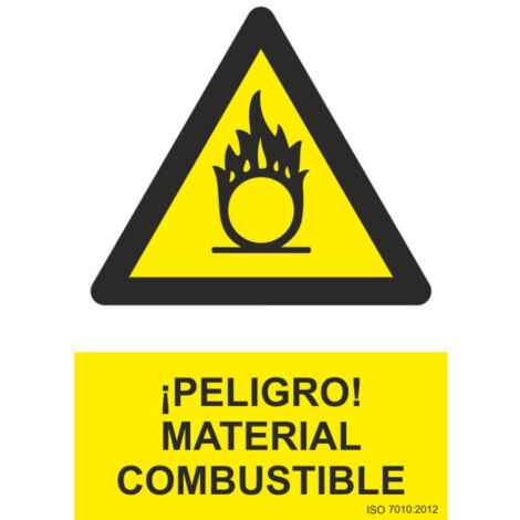 Señal ¡Peligro Material Combustible (tintas UV) SEKURECO                         100 x 150 mm                          ADHESIVOS DE VINILO