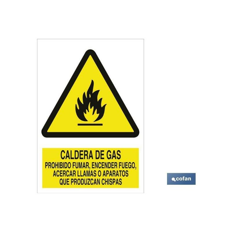 

PLIMPO señal poliestireno 148x105 caldera de gas, prohibido encender fuego, acercar llamas o aparatos que produzcan chispas