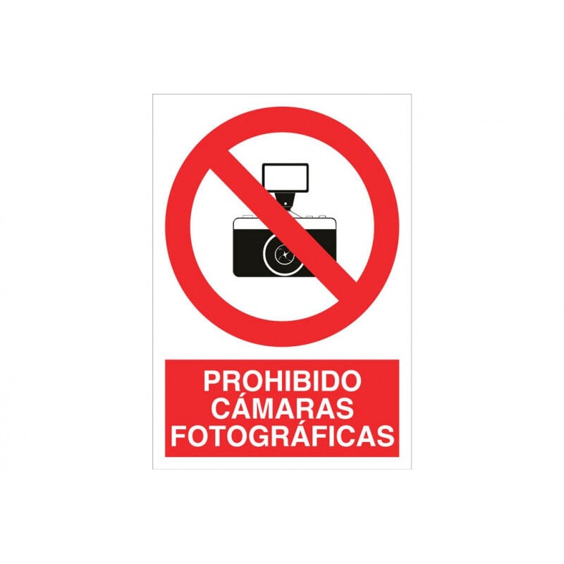 

Señal prohibido pictograma y texto - Prohibido cámaras fotográficas | 148X105 - POLIESTIRENO