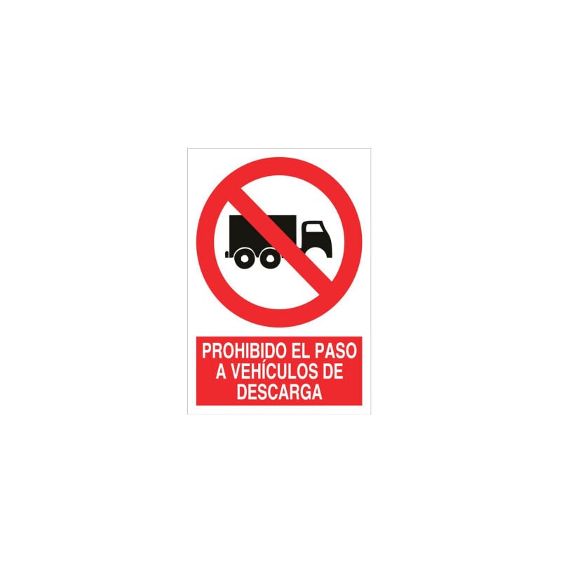 

Señal prohibido pictograma y texto - El paso a vehiculos de descarga | 210X148 - Pegatina Adhesiva