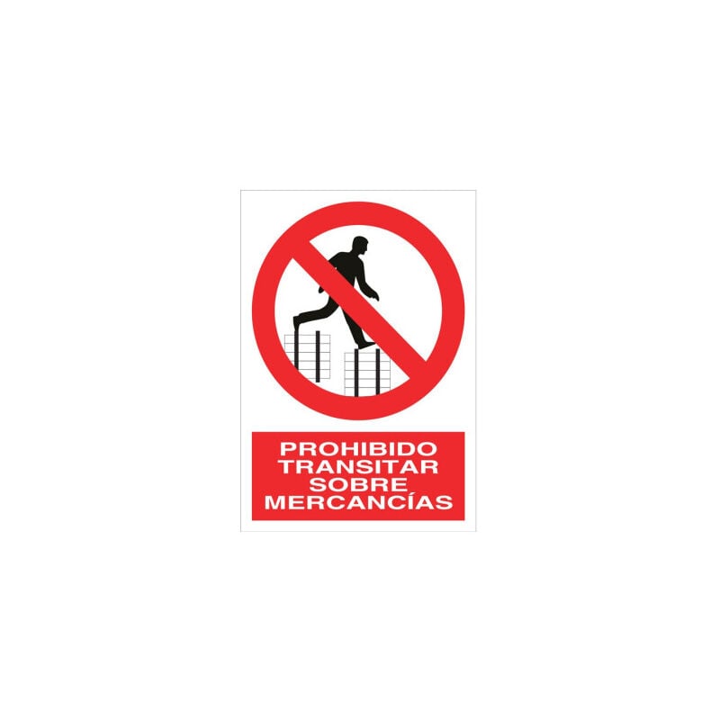 

Señal prohibido pictograma y texto - Transitar sobre mercancías | 148X105 - Pegatina Adhesiva