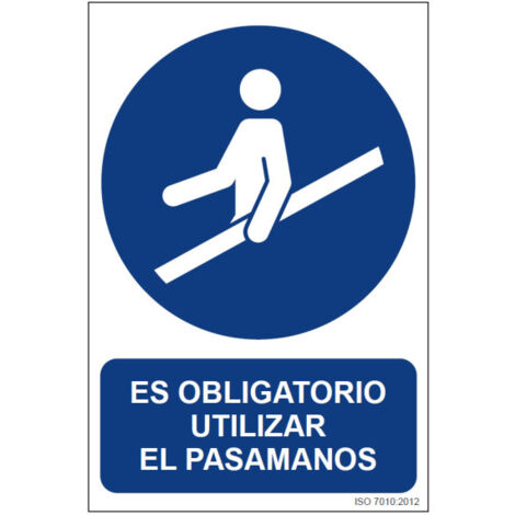 Señal que indica Es Obligatorio Utilizar el Pasamanos, con tintas UV SEKURECO                         150 x 200 mm                          ADHESIVOS DE VINILO