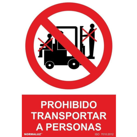 Señal que indica prohibido transportar a personas en vehículos pesados SEKURECO                         100 x 150 mm                          ADHESIVOS DE VINILO
