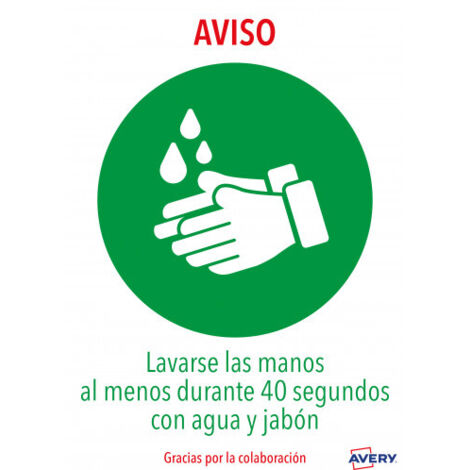 SEÑALES ADHESIVOS PREIMPRESO  LAVARSE LAS MANOS SOBRE DE 2 HOJAS EN A4 AVERY AVKITCOVID1ES