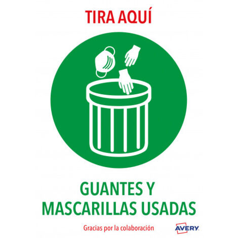 SEÑALES ADHESIVOS PREIMPRESO  TIRA AQUÍ GUANTES Y MASCARILLAS USADAS SOBRE DE 2 HOJAS EN A4 AVERY AVKITCOVID7ES