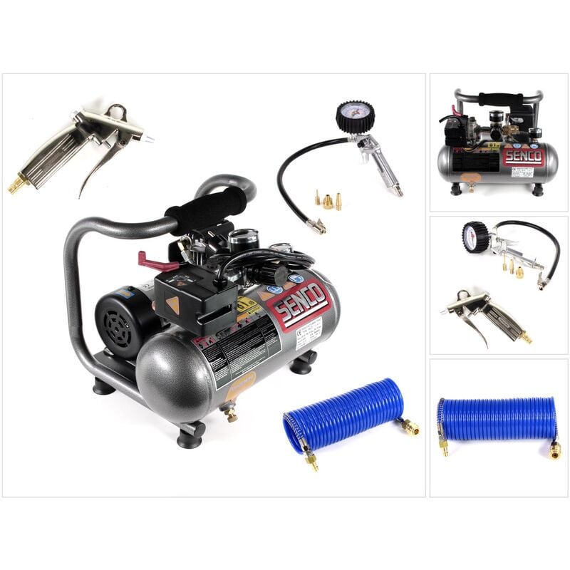 Senco PC 1010 EU Set Compressore ad aria + Tubo flessibile a spirale 6x9 mm + Gonfiatore per pneumatici + Pistola di soffiaggio