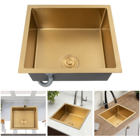 Senderpick – Évier de cuisine en acier inoxydable 50 x 45 cm – Évier sous plan doré brossé – Montage flexible – Résistant à la corrosion et facile à nettoyer