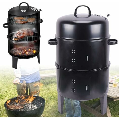 Senderpick – Fumoir à eau 40 cm – Barbecue à charbon de bois avec couvercle – Grille de fumage double étage – Émail résistant à haute température