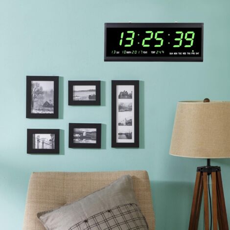 Senderpick – Horloge murale digitale radiocommandée LED 480x190mm – Affichage heure, date, température – Panneau en verre, cadre plastique