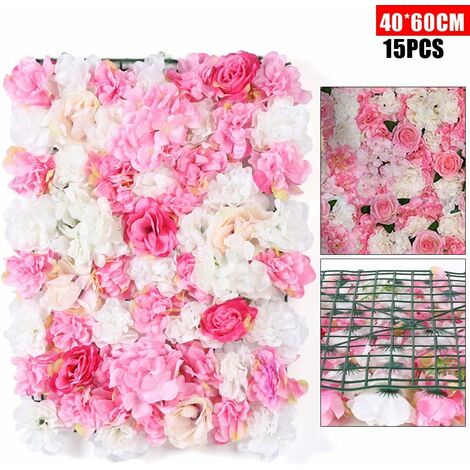 Senderpick – Panneau mural fleurs artificielles 15 pièces 60 x 40 cm – Rose et blanc – Décoration mariage et fête – Facile à installer