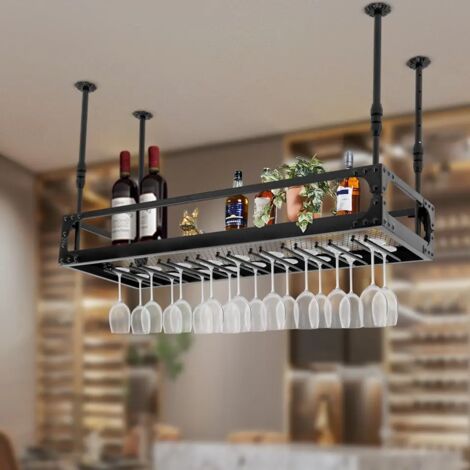 Senderpick – Porte-bouteilles de vin suspendu au plafond – Étagère flottante en fer noir – Charge maximale 50kg – Hauteur réglable 35-55cm – Design industriel vintage