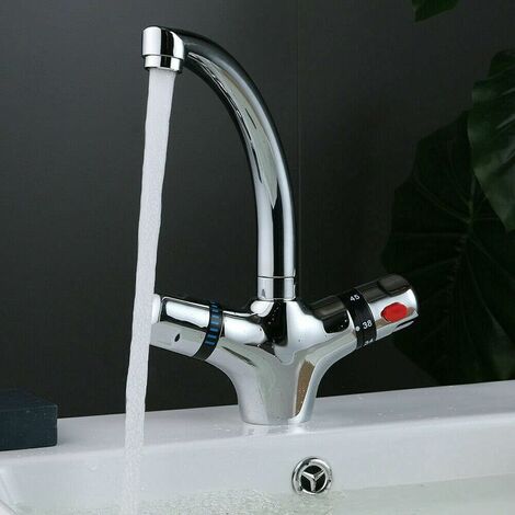 Senderpick – Robinet mitigeur thermostatique pour évier de cuisine et salle de bain – Corps en laiton massif – Double poignée – Montage monotrou