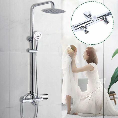 Senderpick – Système de douche thermostatique avec robinetterie – Colonne en métal chromé – Douchette à main et pomme de douche – Plage de réglage 81-117 cm