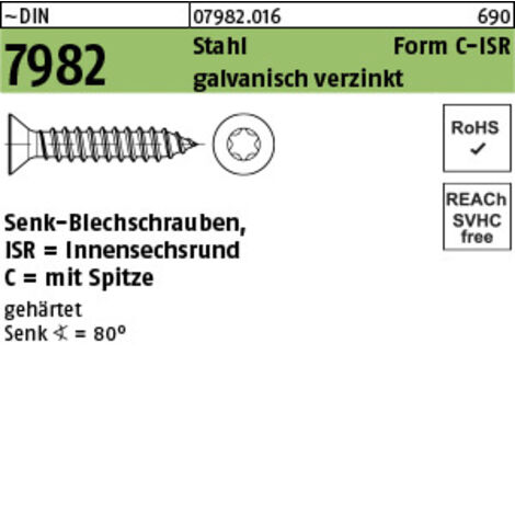 Senkblechschraube DIN 7982 m.Innensechsrund/Spitze 3,5 x 50 -C-T15Stahl galvanisch verzinkt 500 Stück
