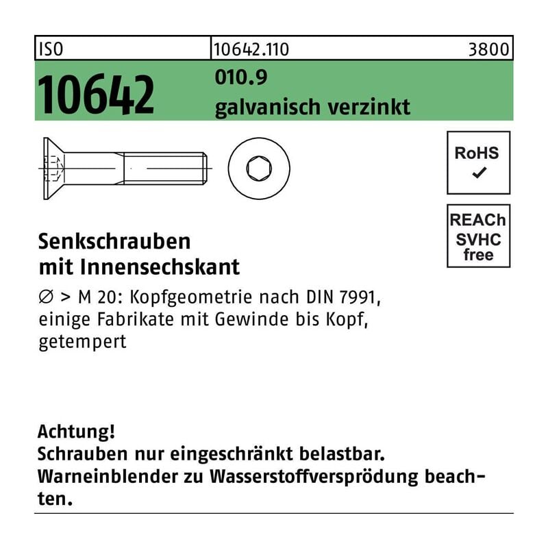 106421100100070 Senkschraube iso 10642 Innensechskant m 10 x 70 010.9 galvanisc | 04043952602508 106421100100070 Senkschraube iso 10642 Innensechskant m 10 x 70 010.9 galvanisc | 04043952602508