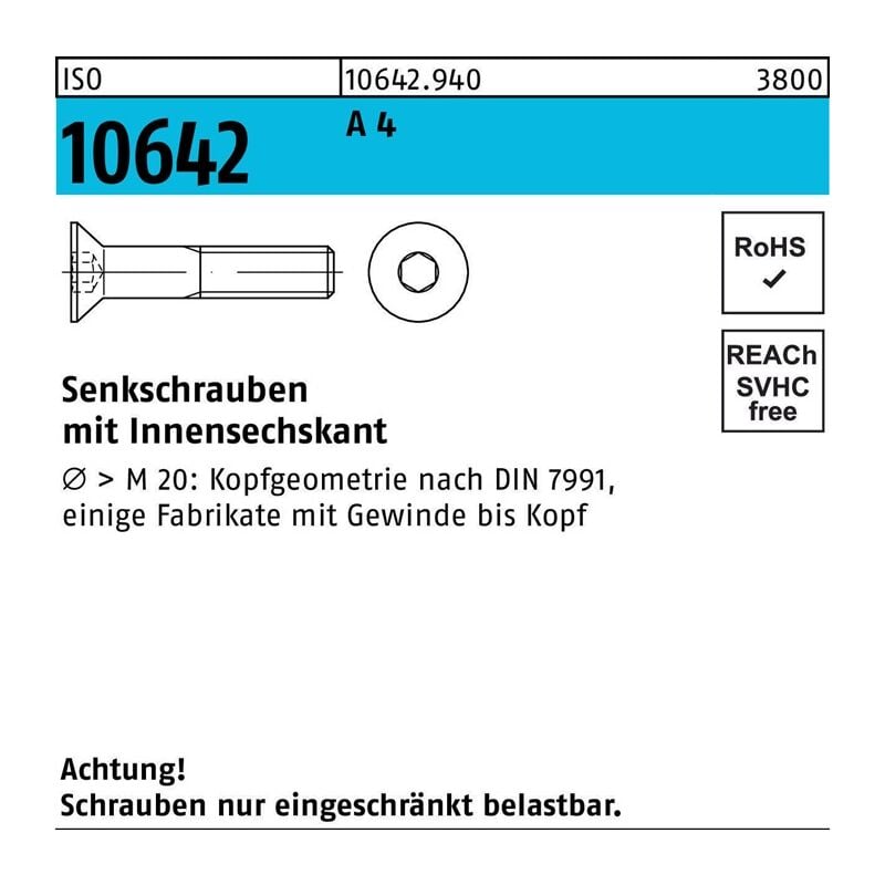 106429400160030 Senkschraube ISO 10642 Innensechskant M 16 x 30 A 4 | 04043952610633 106429400160030 Senkschraube ISO 10642 Innensechskant M 16 x 30 A 4 | 04043952610633