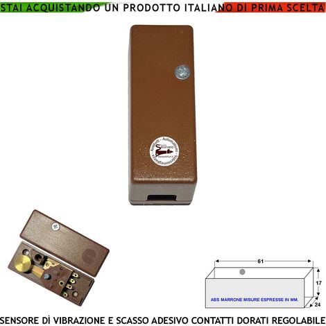 Sensore Adesivo Rileva lo Scasso le Vibrazioni Continue Collegamento Via Filo Per Antifurto Inferriate Infissi Vetrate Martelletto Regolabile Contatto Allarme NC Tamper Contenitore ABS Marrone IP30