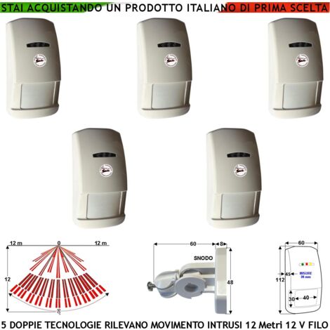 Sensore di Movimento 5 Doppia Tecnologia Grandangolo Antifurto Portata 12 MT da Interno Rilevano Intruso Aliment. 12 V Assorb. 40 mA Infrarosso Lente 25 Fasci su 4 Piani Contenitore Bianco Snodo ABS