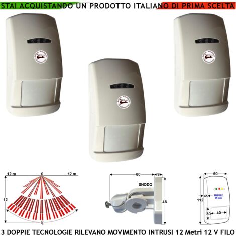Sensore di Movimento Per Antifurto 3 Doppia Tecnologia Grandangolo Portata 12 MT da Interno Rilevano Intrusi Alim. 12 V Assorb. 40 mA Infrarosso Lente 25 Fasci su 4 Piani Contenitore Bianco Snodo ABS