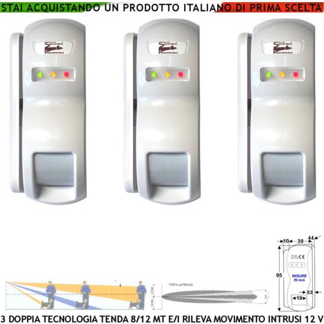 Sensore di Movimento Tre Doppia Tecnologia Tenda Dual Pir e Micronda Portata 8/12 MT Rileva Ignoti Sia Esterno Che Interno e Invia Allarme Aliment. 12 V Assorb. 10 mA Cover Staffa ABS Bianca IP31