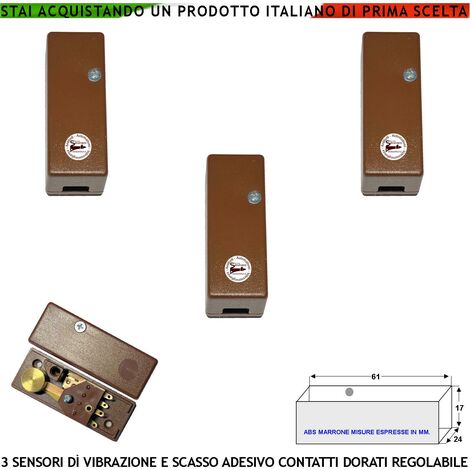Sensore di Scasso Rileva le Vibrazioni Continue 3 Pezzi Via Filo Per Antifurto Di Inferriate Porte Infissi Vetrate Martelletto Regolabile Segnale Allarme NC Tamper Contenitore Adesivo ABS Marrone IP30