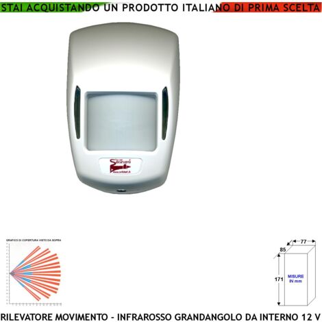 Sensore Infrarosso Grandangolo Rileva il Movimento di Intrusi e da Allarme Portata 15 MT a 90 Gradi da Interno Alimentazione 12 V Assorbimento 10 mA Lente 18 Fasci Infrarossi ABS Bianco con Snodo