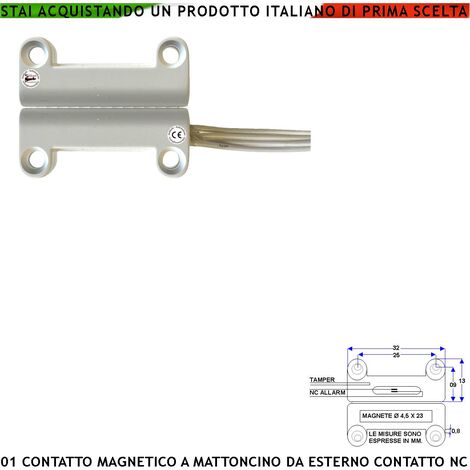 Sensore Magnetico da Esterno 1 Pezzo per Antifurto Finestre Infissi Contatto Reed NC Sottovuoto Sensibilità Magnetica 13 mm Tensione Max 30 V Carico Resistivo 1 A Max IP65 4 Fili 2 NC e 2 Tamper