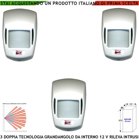 Sensore Movimento 3 Doppia Tecnologia Grandangolo Rilevano Intruso Inviano Allarme. da Interno Portata 15 MT Entro 90 Gradi Aliment. 12 V Assorbimento 10 mA Infrarosso Lente 18 Fasci Bianco Snodo ABS