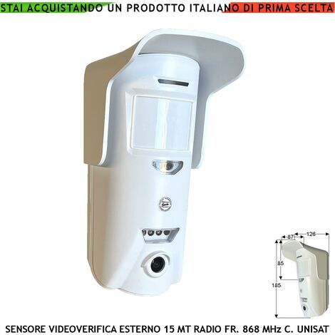 Sensore Movimento Doppia Tecnologia Esterno 15 Metri Grandangolo o 25 MT Tenda Con Fotocamera a Colori VGA 640X480 Pixel Videoverifica Wireless Frequenza 868 MHz Bidirezionale Codice UNISAT Rete GPRS