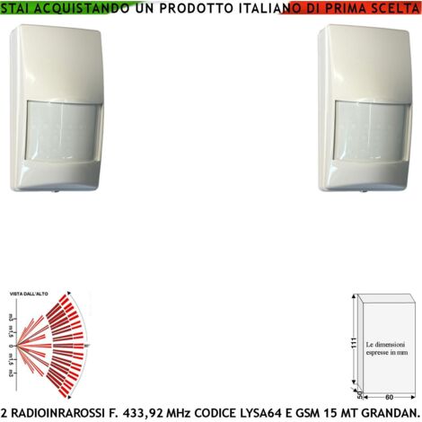Sensore Movimento Intrusi doppio Infrarosso Via Radio 433,92 MHz 2 Pezzi Anti-jamming Portata 15 Metri Grandangolo Walk test Pir 40VR Codice Secur-Sydra GSM da Interno 17 Fasci Sensibili su 3 Livelli