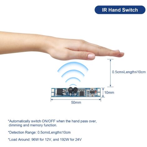 Sensore Movimento Mani 12V 24V 8A Con Funzione Dimmer e Memoria Per Profilo Alluminio