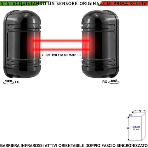 Sensore Passaggio Estranei Barriera Infrarossi Attivi Doppio Fascio Orientabile Segnala Allarme Intruso Protezione Lineare Portata 120 MT Interno 60 MT Esterno Collegamento Filare Alimentazione 12 V