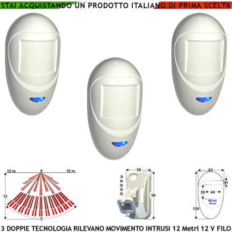Sensori di Movimento Estranei 3 Doppie Tecnologia Grandangolo Per Antifurto Portata 12 MT da Interno Alimen. 12 V Assorb. 40 mA Infrarosso Lente 18 Fasci su 4 Piani ERS Contenitore Bianco Snodo ABS