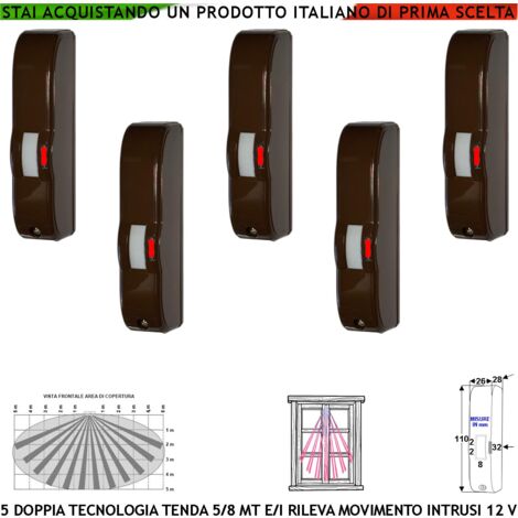 Sensori di Movimento Marrone 5 Doppia Tecnologia Tenda Portata 5 MT Antifurto Rileva Intrusi Vano Finestra Esterno Protetto Ingresso Interno Invia Allarme Aliment. 12 V Assorb. 10 mA Cover ABS IP44