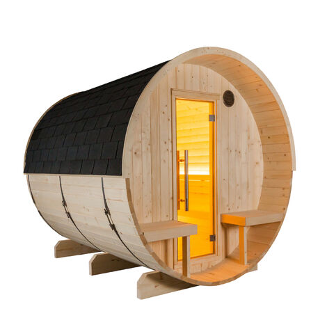 Sentiotec Kuusi 240 Canopy Fasssauna aus Fichte Gartensauna mit Dacheindeckung Ø 220 x 240 cm