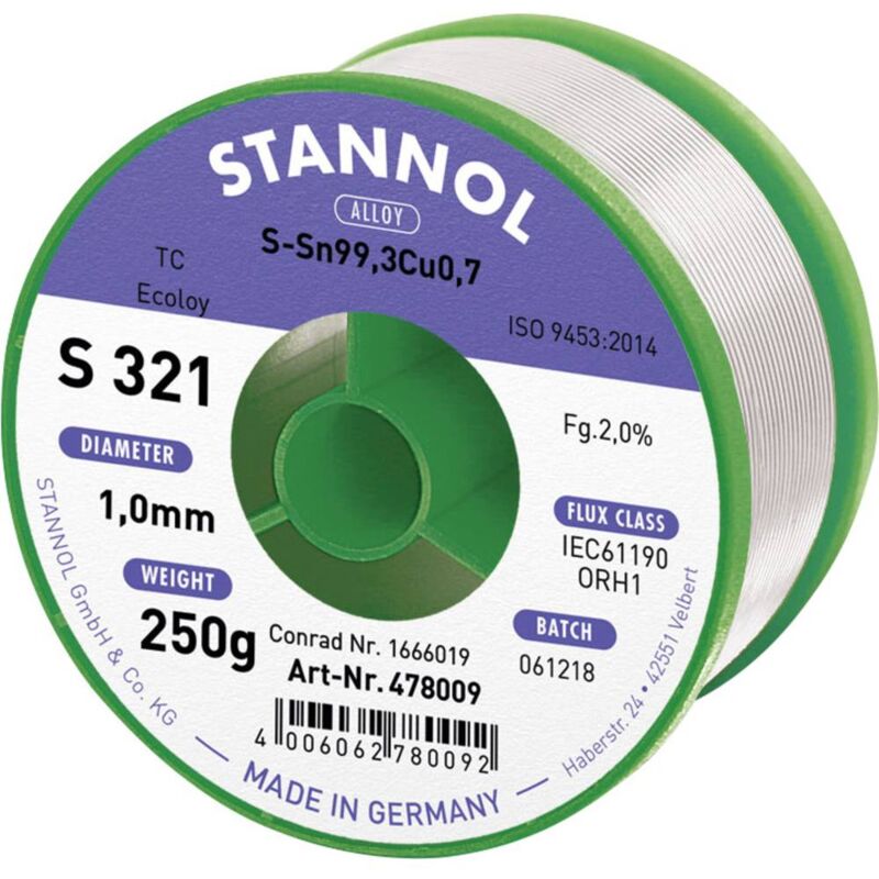 Image of S321 2,0% 1,0MM SN99CU0,7CD 250G Stagno senza piombo senza piombo, Bobina Sn99,3Cu0,7 ORH1 250 g 1 mm - Stannol