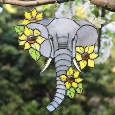 【Separador de ambientes de acrílico con elefantes y girasoles】Cadenas decorativas para ventanas con elefantes y girasoles, hechas de acrílico resistente a la luz, dimensiones 25 cm
