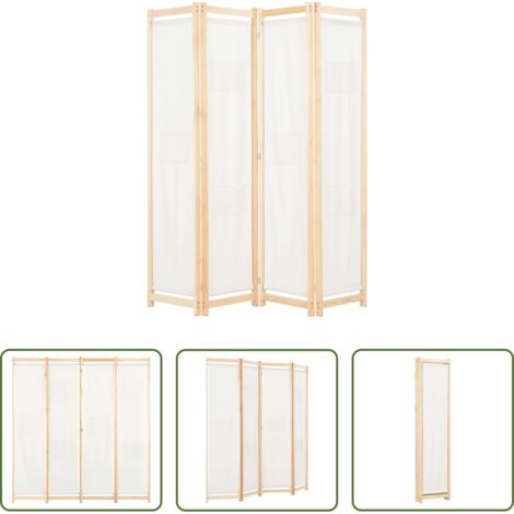 Separador de habitación -  Biombo divisor de 4 paneles de tela color crema 160x170x4 cm